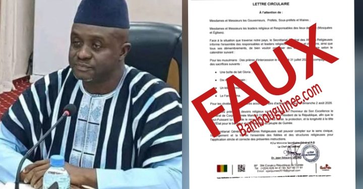 Faux : le Secrétariat des Affaires religieuses n’a pas ordonné de sacrifices de lait Gloria et de « Fankadama » pour la santé de Mamadi Doumbouya